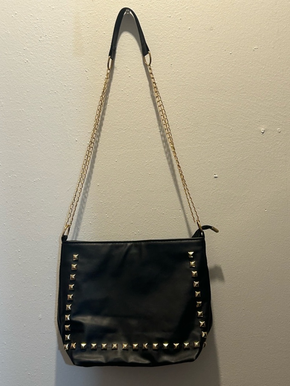 Black Studded Shoulder Bag with Gold Chain Strap